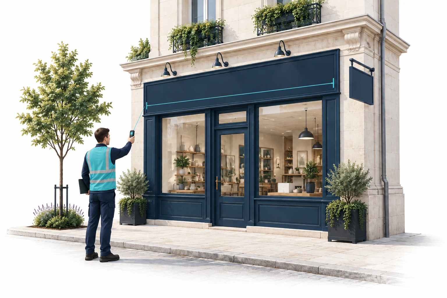 Illustration d’un agent de terrain mesurant l’enseigne d’un commerce au télémètre.