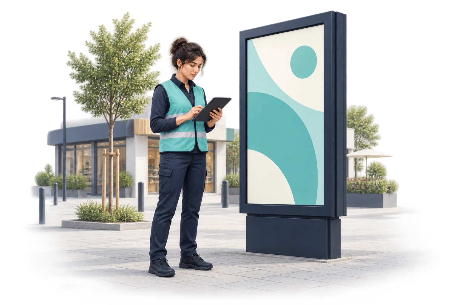 Illustration d’une agente de terrain saisissant les données d’un support publicitaire sur tablette.